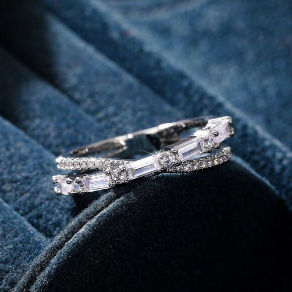 ▶Fashion Party Two Lines Cross CZ Anillos Trendy Silver Rings for Women, L231 - Picture 6 of 8